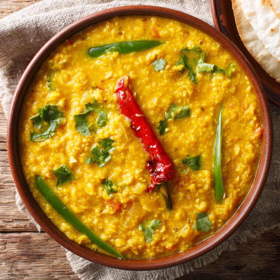 A bowl of yellow Indian dal with red and green chilies, cilantro, and flatbread.