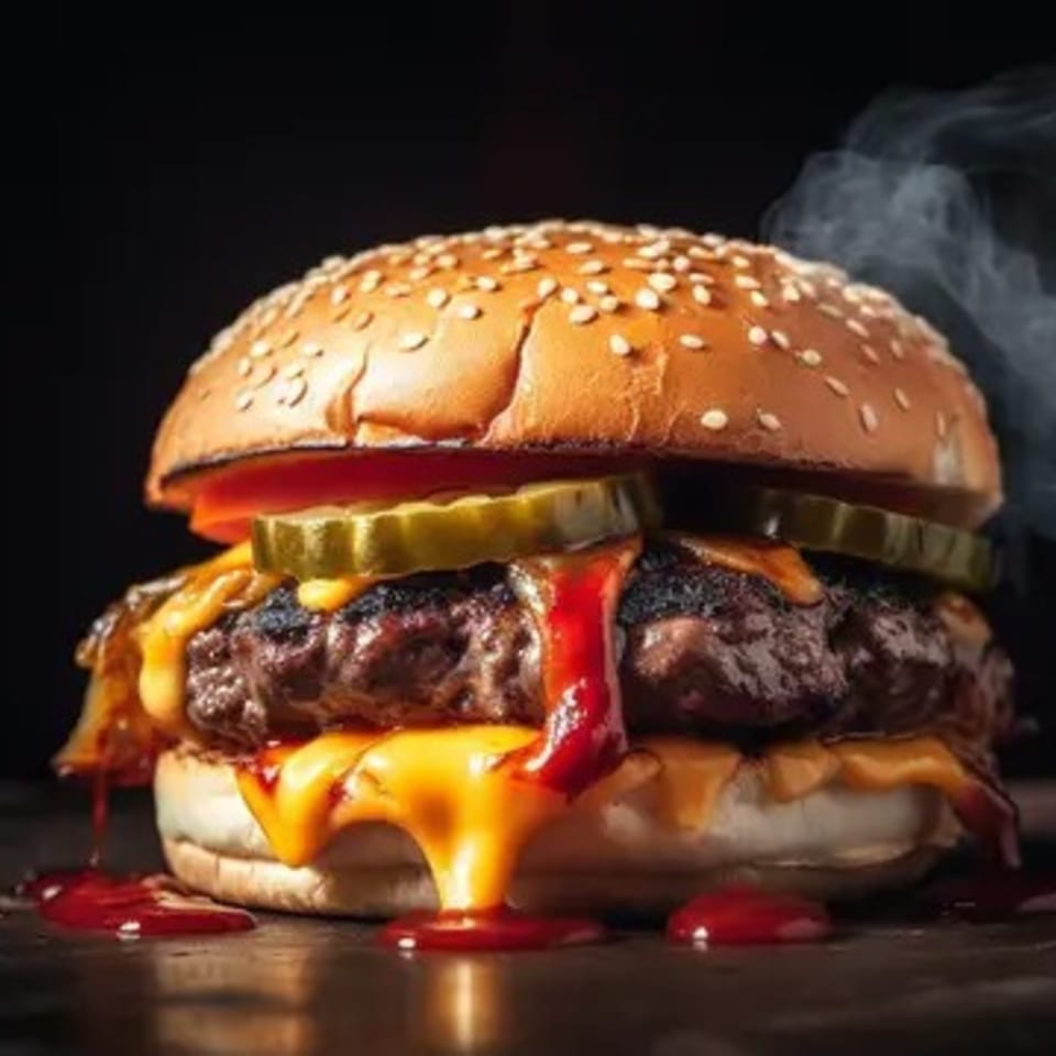 Steaming burger with melted cheese, ketchup, pickles, and tomato on a sesame seed bun.