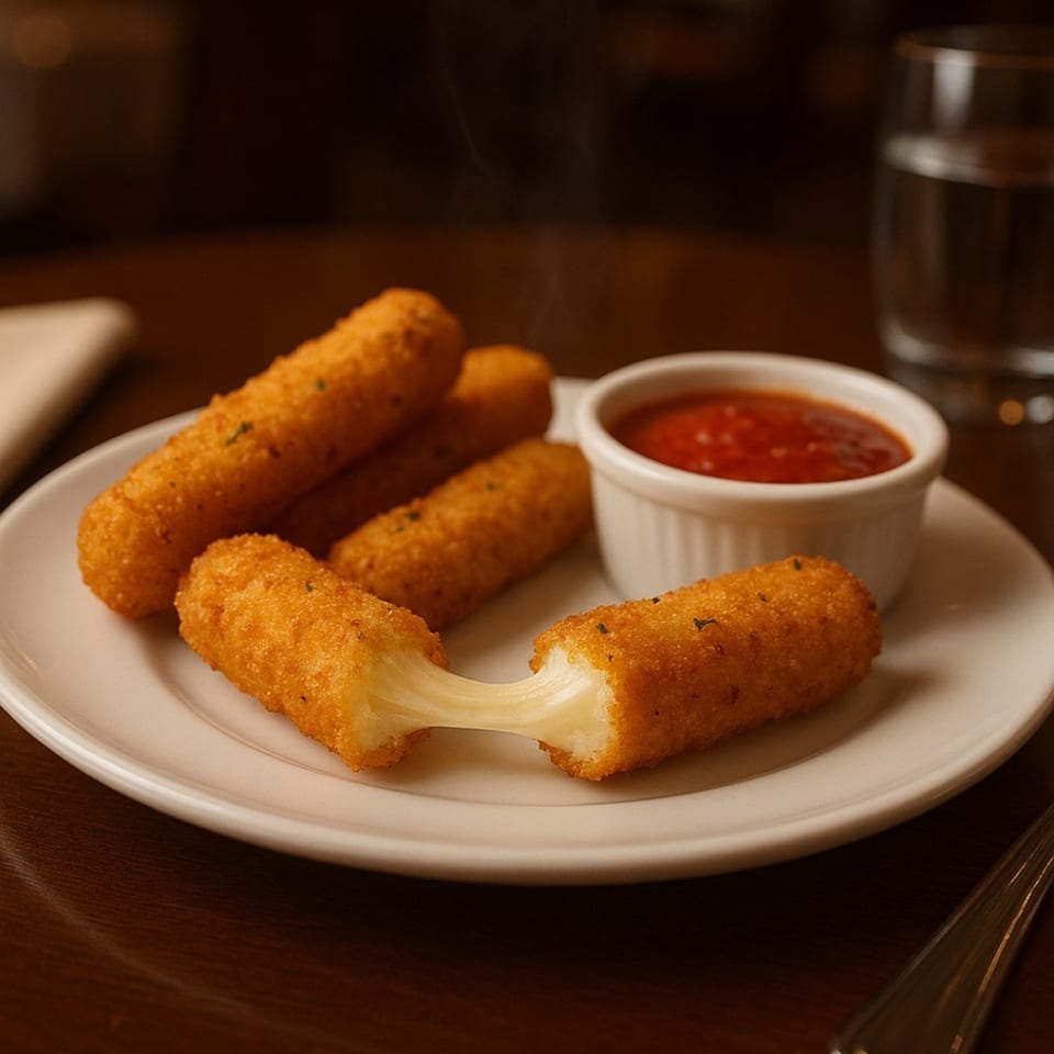 Golden mozzarella sticks with a cheesy pull, served with marinara sauce on a white plate.